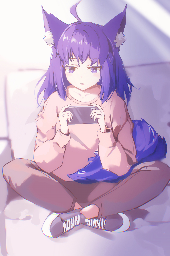 PolyWolf sitting cross-legged on the couch, playing a video game on her phone