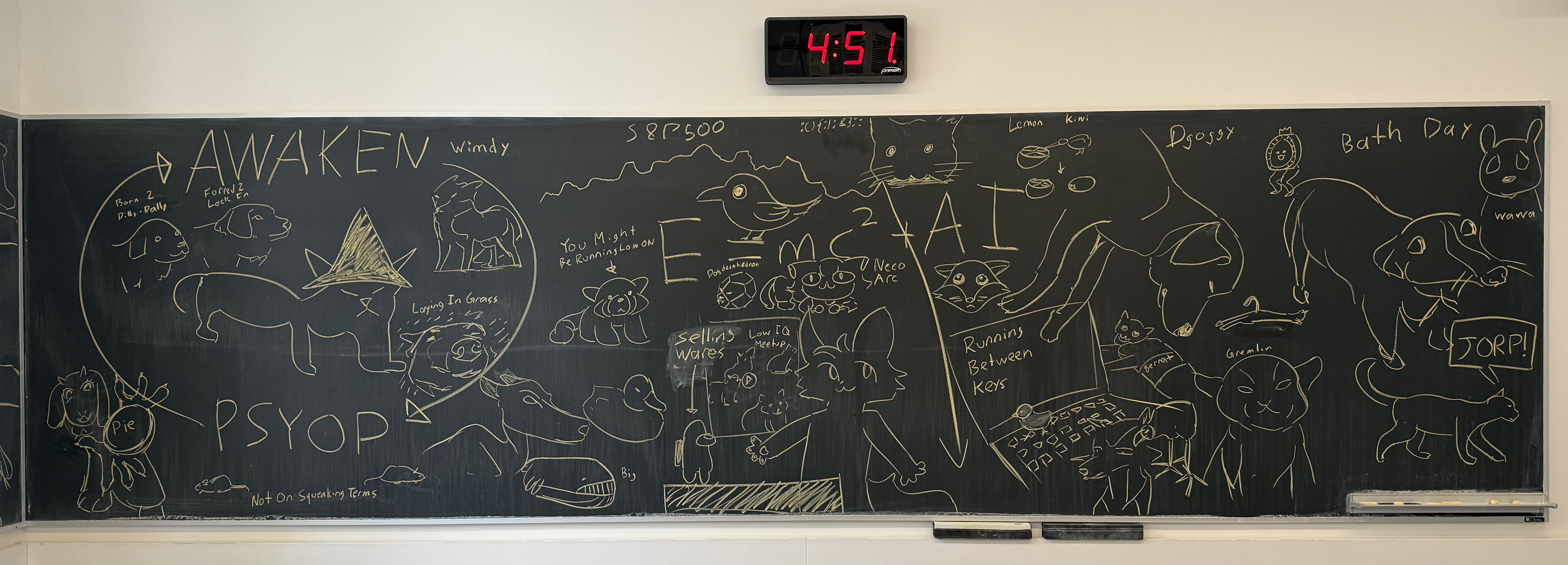 many many animal-themed memes drawn in yellow chalk on a blackboard. from left to right: Toriel holding a pie, "born to dilly-dally, forced to lock in" dog, "AWAKEN->PSYOP" cat wearing a wizard hat, "not on squeaking terms" rats, "it fucken WIMDY" fox, "laying in grass" wolf, "you might be running low on" red panda, S&P500 chart, E = mc^2 + AI, Crow Time crow, Dogdecahedron, Neco Arc, "low IQ meetup" orange cats, amogus, pleading fox, :(){:|:&};: cat, a kiwi bird eating a lemon and turning into a kiwi fruit, chick running between keyboard keys, a sleeping dog, a cat wearing food packaging, "damn" crow, Legoshi, gremlin cat, coat hanger cat, dog given a bath looking sad, "wawa" rainworld catslug, & a cat saying "JORP!"