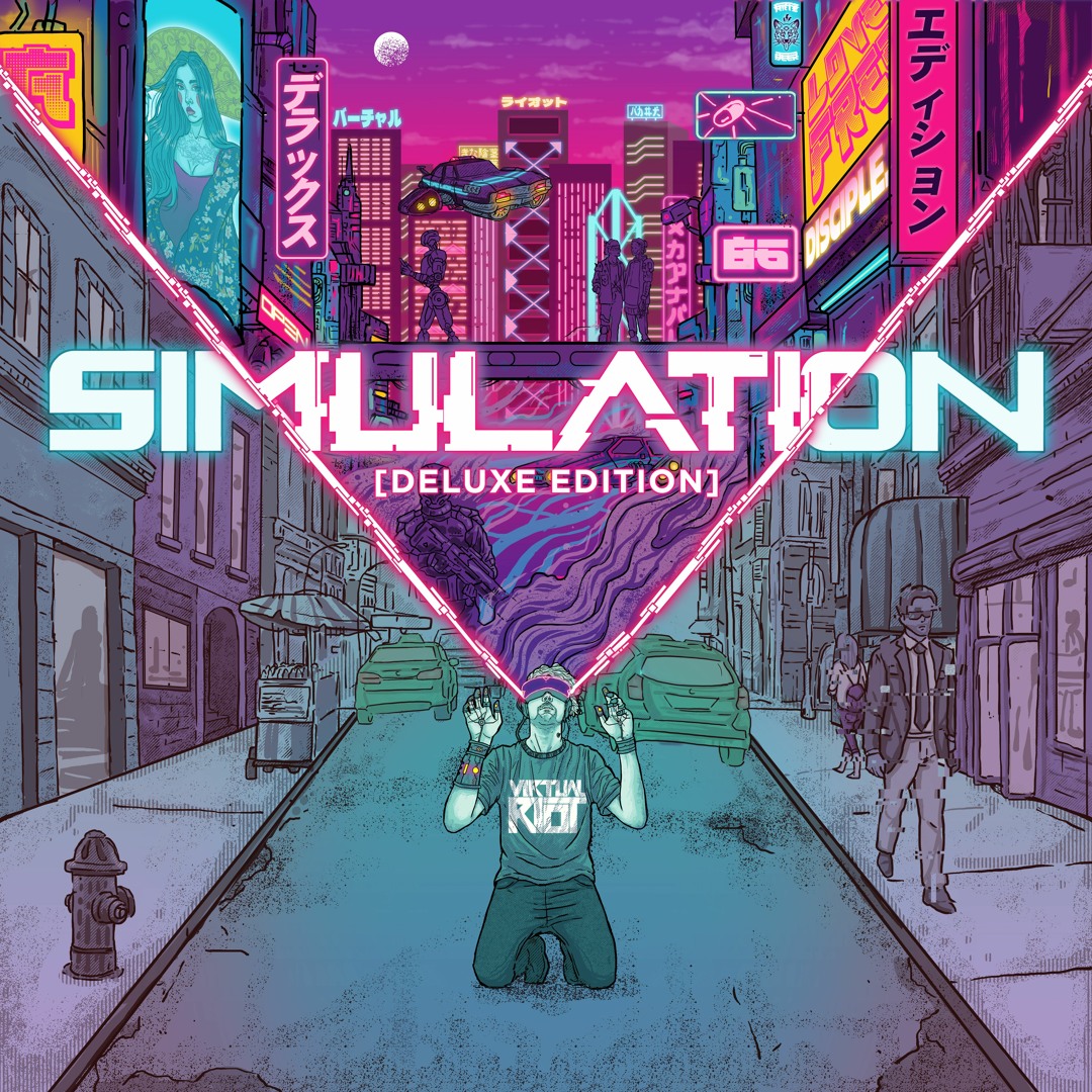 Virtual Riot – Simulation (Deluxe Version) album cover. man in a VR headset falls to his knees in a dingy alleyway