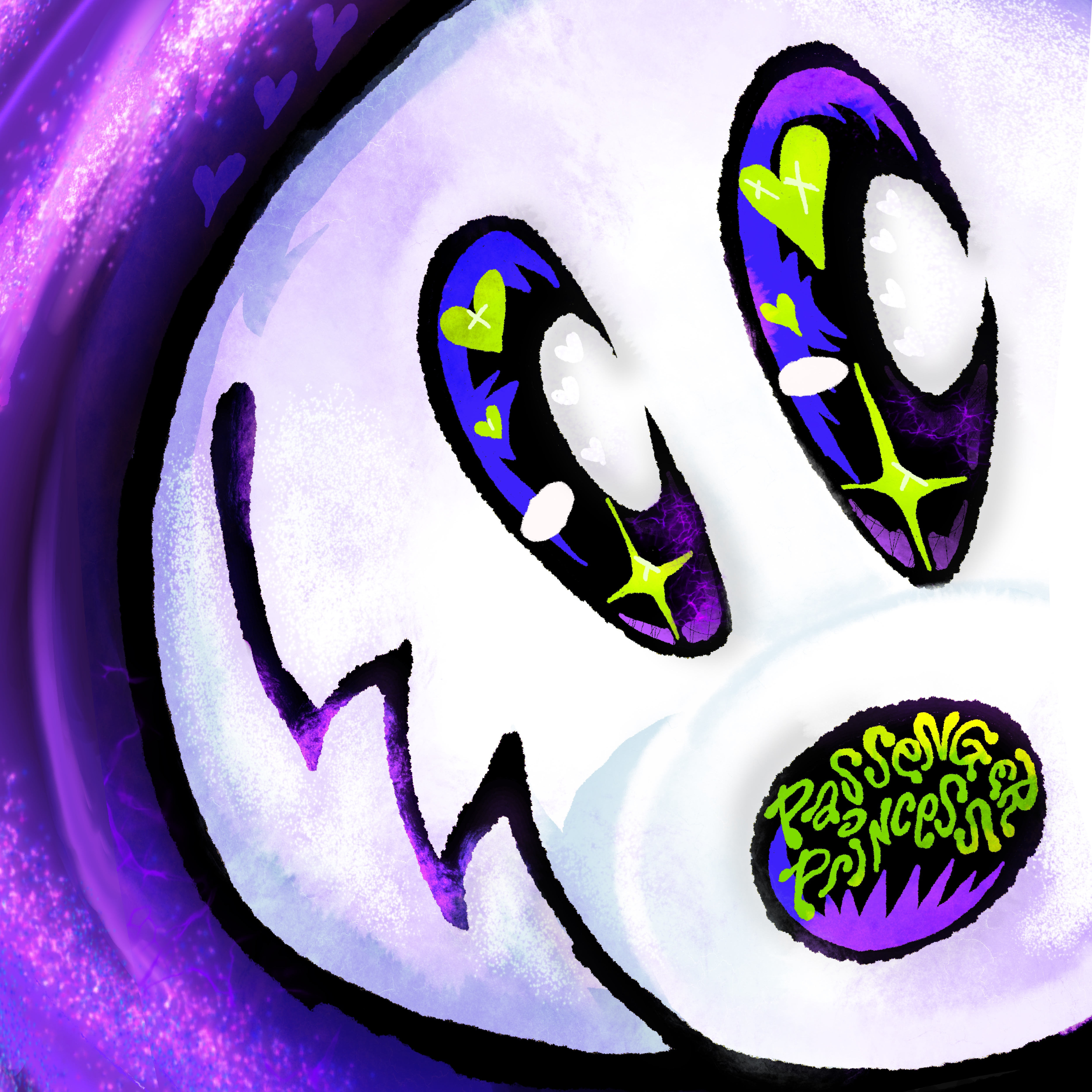 The mascot, Passenger Puppy, has the album title written in highlights on their nose & green sparkles in their eyes to go with the purple theme