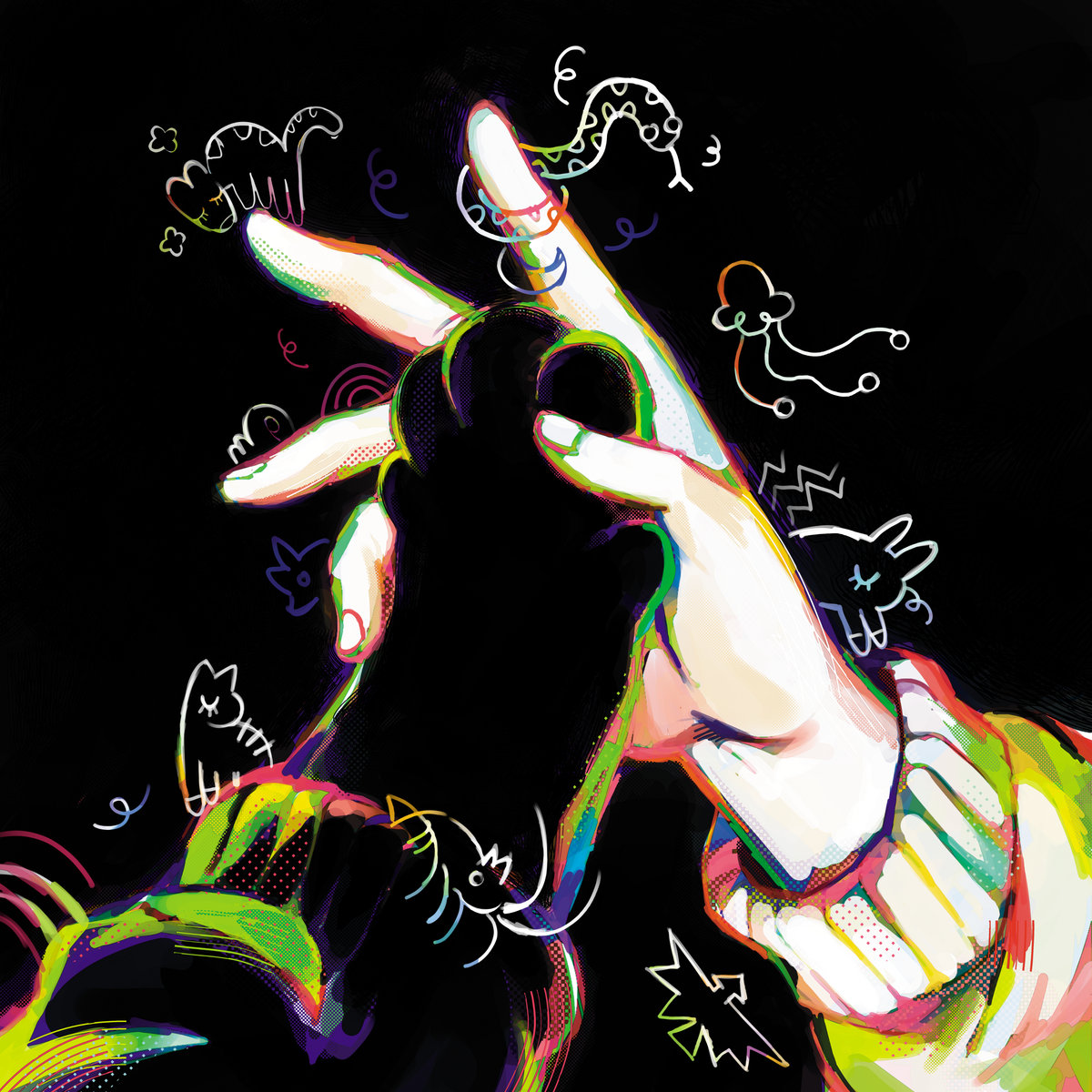 A human hand holding a black cat paw hand, surrounded by fun doodles crawling over both