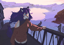 PolyWolf as a full furry, in a cable-knit sweater, sunrise peeking over the shaded mountains behind her, casting a soft pink glow into a frozen lake.