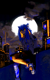 PolyWolf in techwear sitting on a rooftop at night