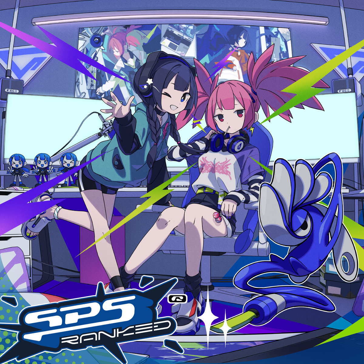 Both the anime Stream Palette mascots sit in front of gaming battlestations