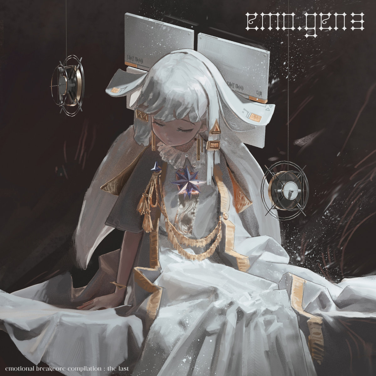 Futuristic forlorn-looking anime girl clad in regal white dress against a dark background, with retro microphones suspended on thin strands from out of frame