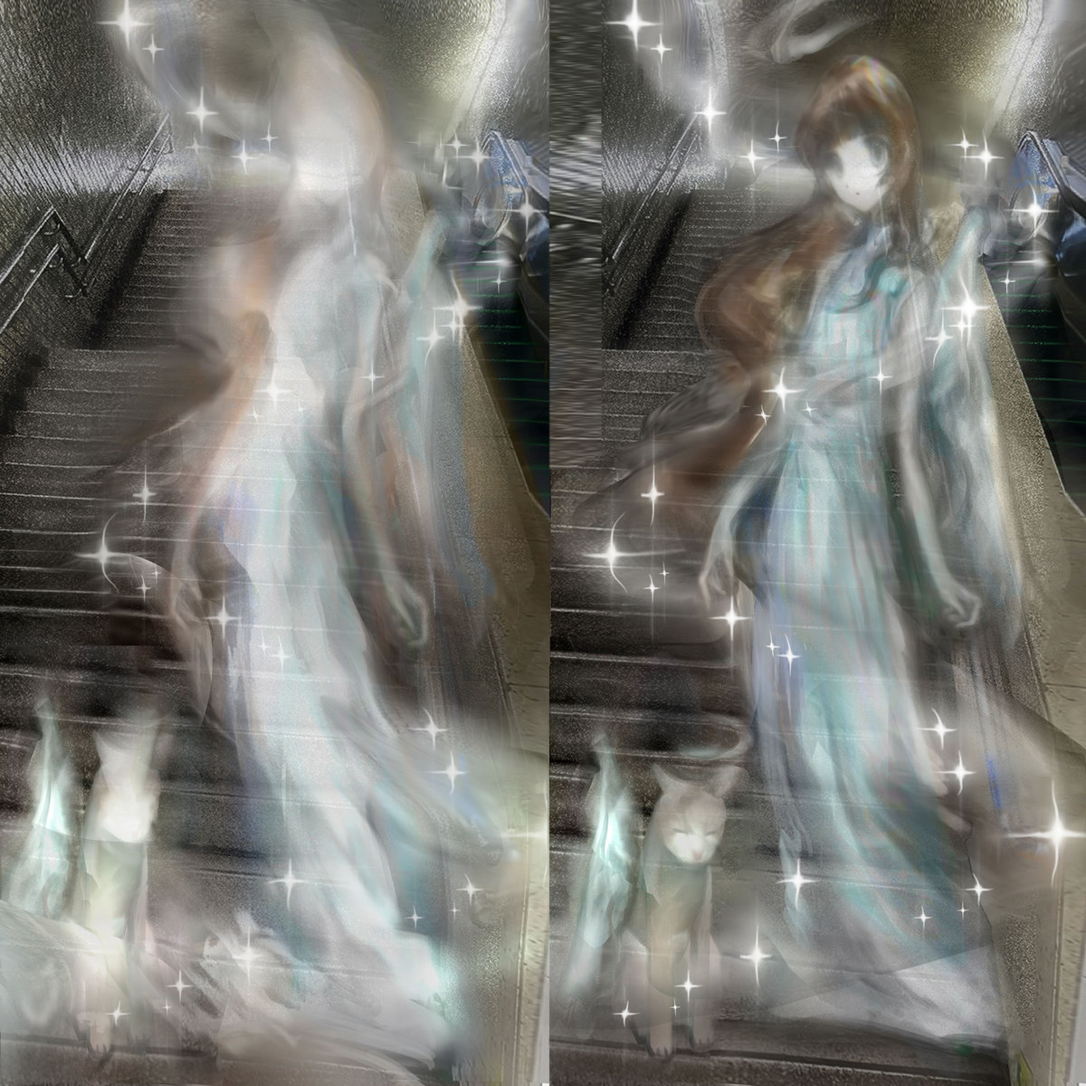 Split-screen, a smeared, ghostly angelic figure with anime features materializes
