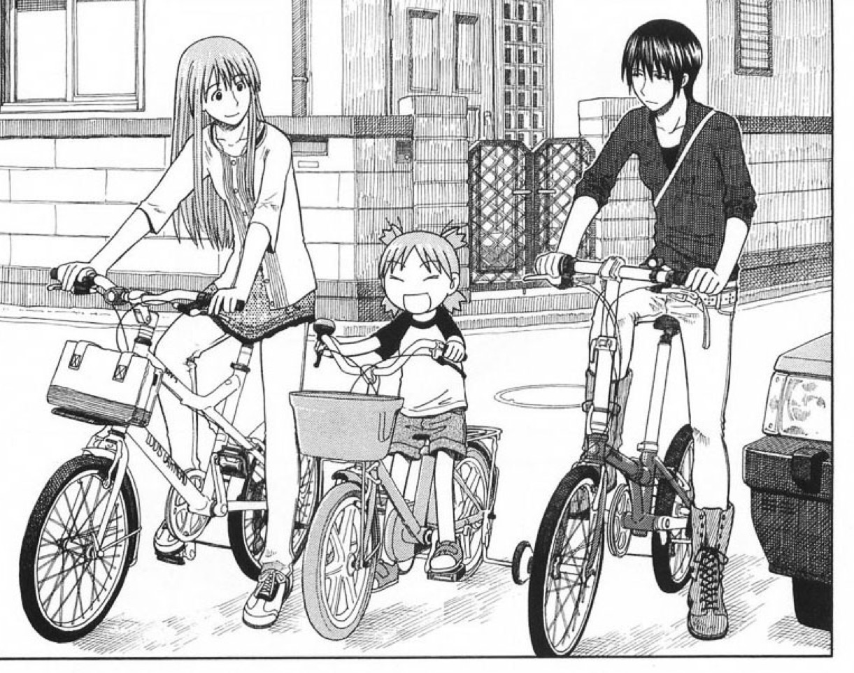 Torako, Yotsuba, & Asagi on their bikes, ready to go. Torako's is a folding bike, Yotsuba's is a children's bike, and Asagi's is a cruiser.