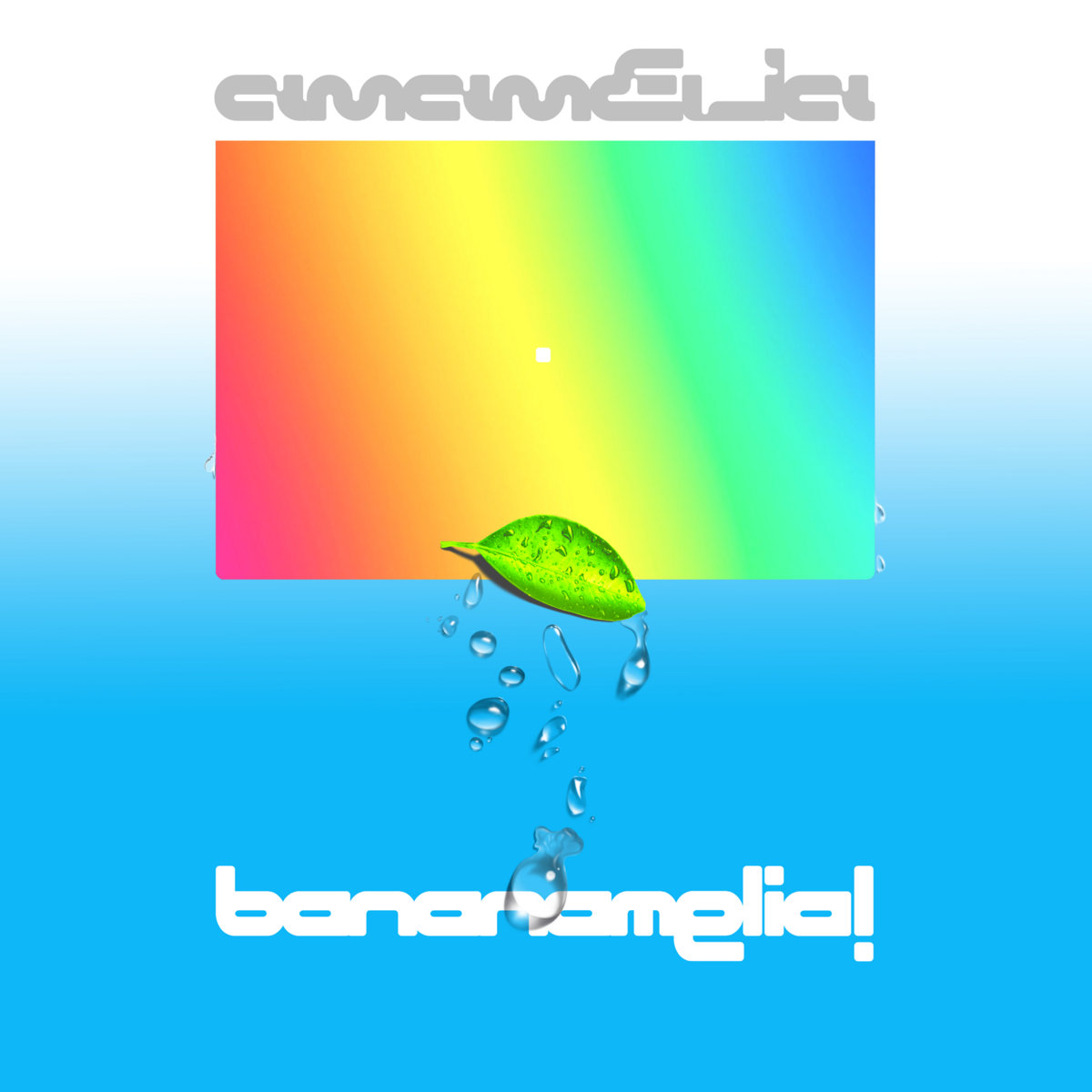 single dew-wet leaf in front of a boxy rainbow & sky gradient