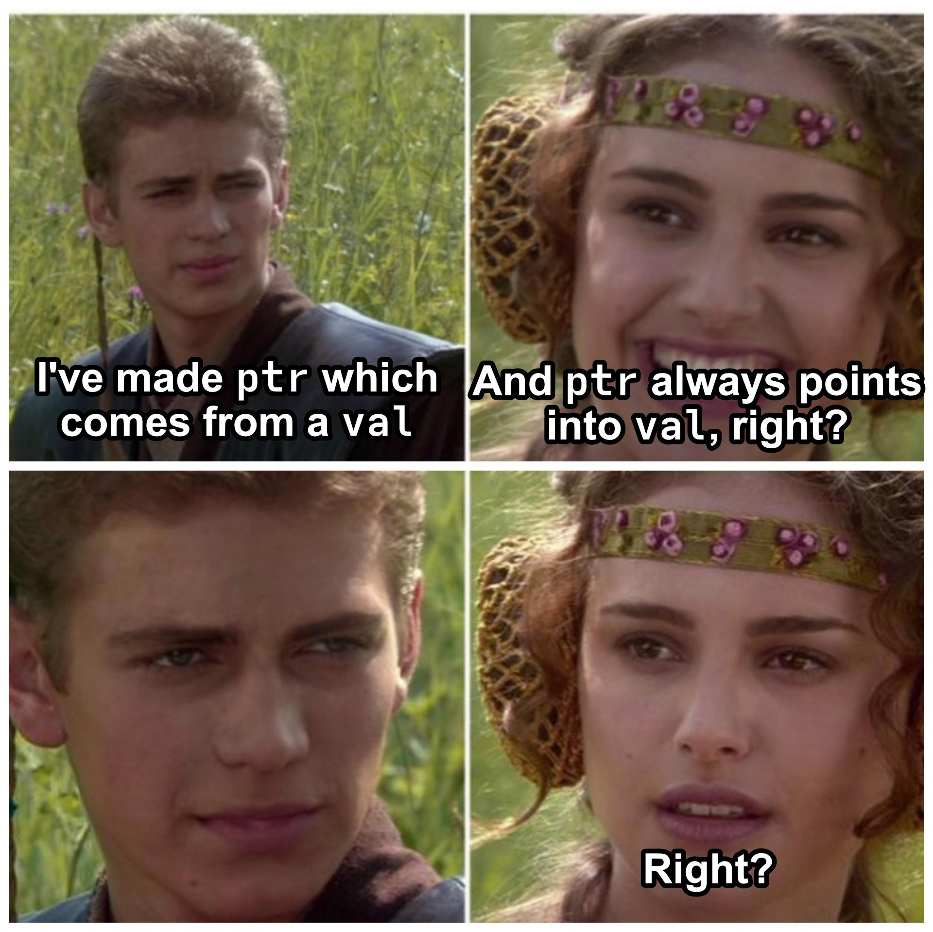Anakin, to Padme: "I've made ptr which comes from a val." Padme, smiling: "And ptr always points into val, right?" Anakin stares bemusedly. Padme, frowning: "Right?"