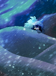 PolyWolf in a winter sniper outfit looks over a snowbank at night