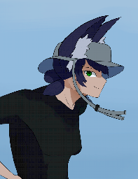PolyWolf in a bucket hat and tight-fitting beach shirt, with a pale blue sky behind her