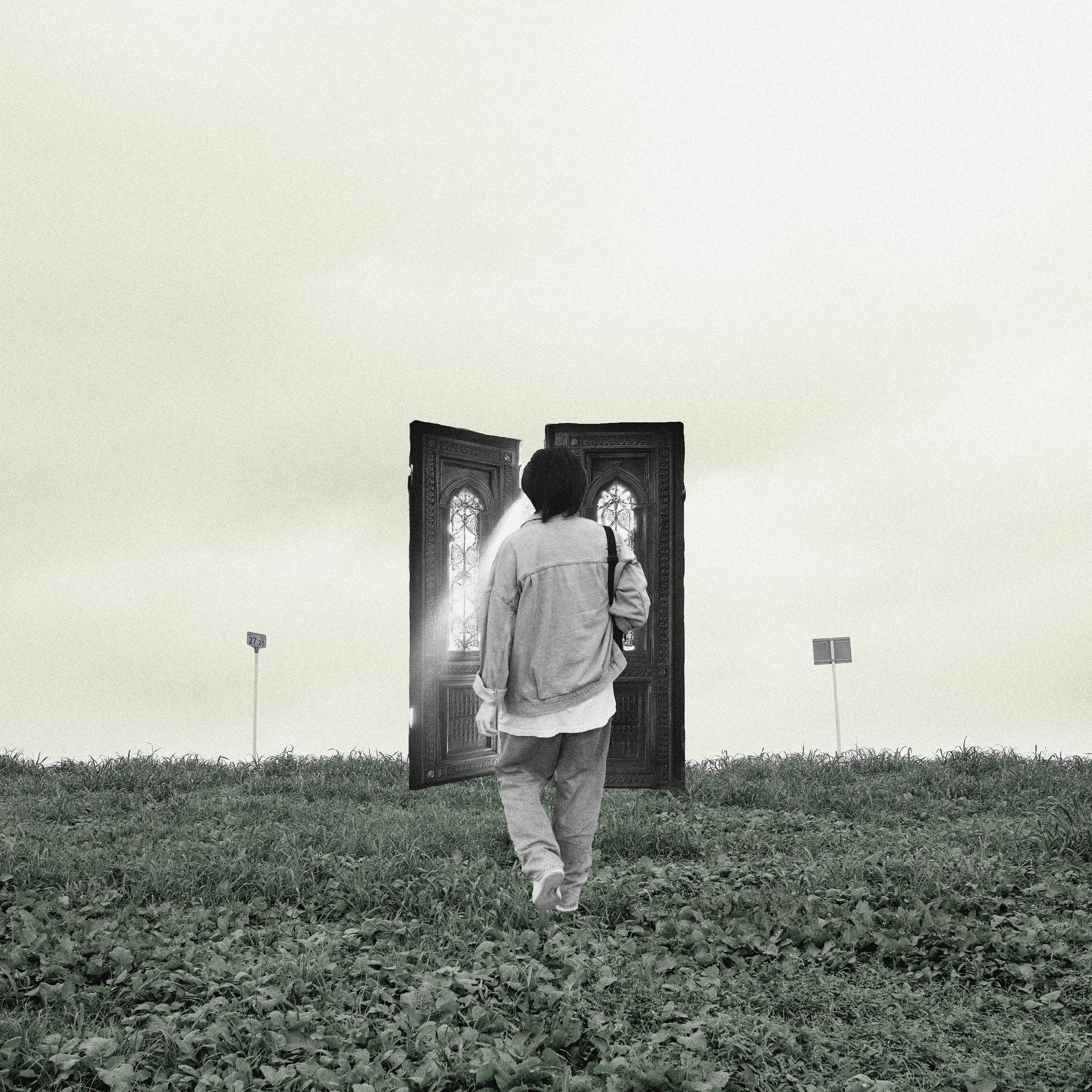 PSYQUI walks into an old wooden door floating in the middle of an overgrown basketball field