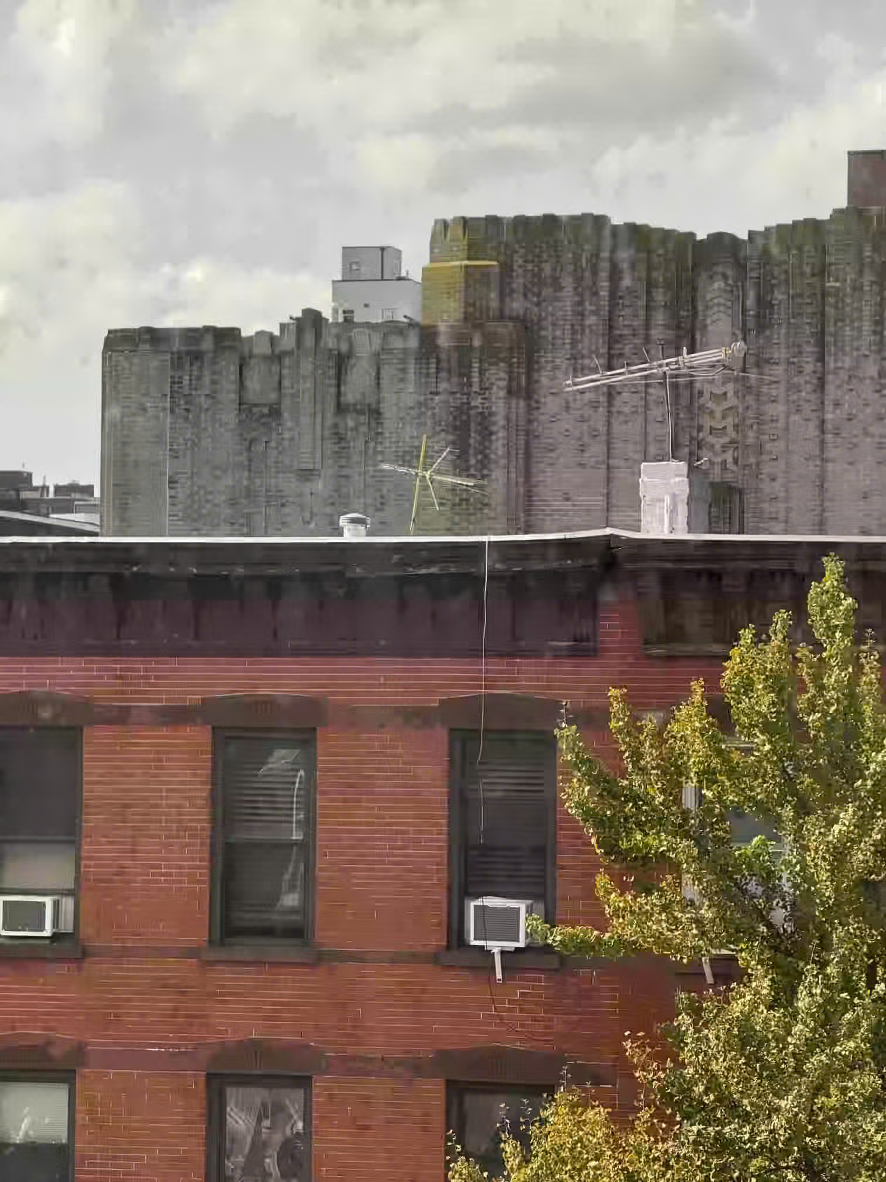rooftop Straight-on view of a brownstone rooftop against a slightly taller gray brick building and a blocky sky