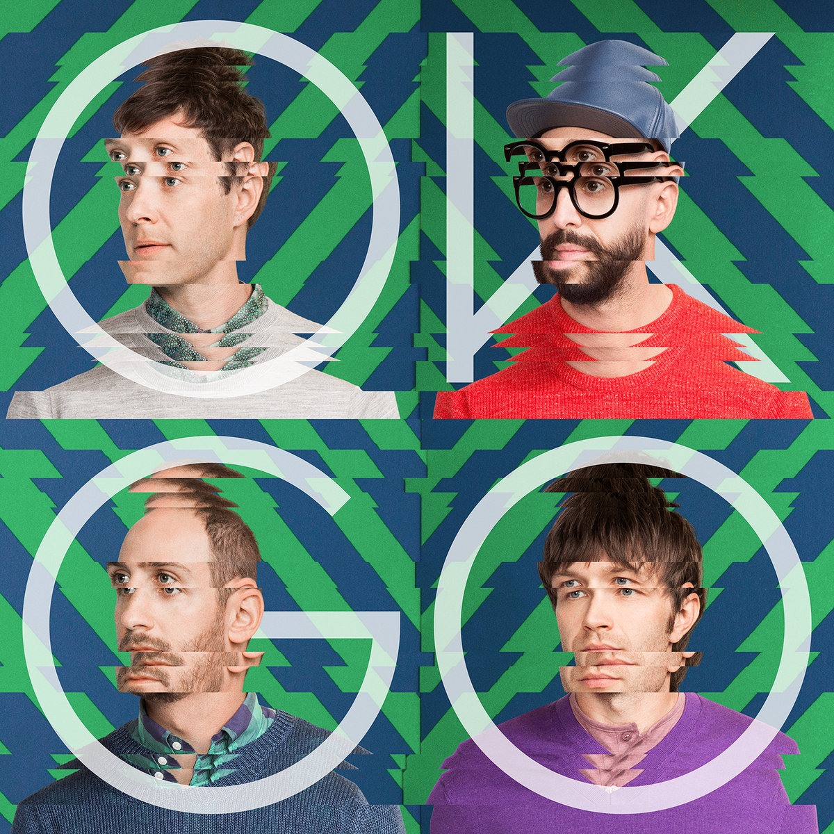 The 4 members of OK Go in a square grid, where each member & their green + gray background has been digitally altered to be sliced + spliced a bit, but the overlaid OK Go letters have not