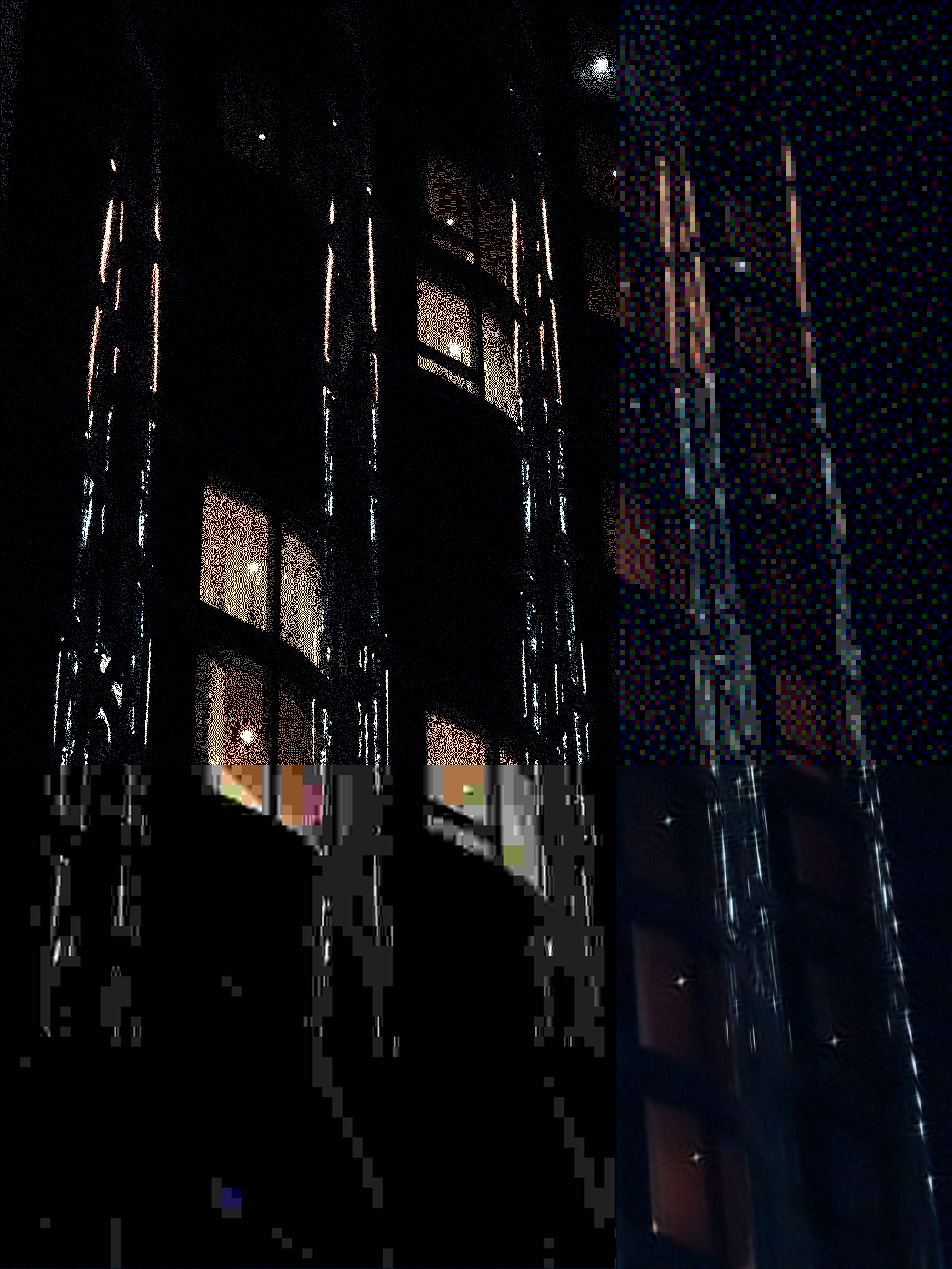 a view of an apartment building with fancy curved windows is broken into unequal quarters, each becoming progressively more blocky, as if your vision is becoming digitally corrupted.
