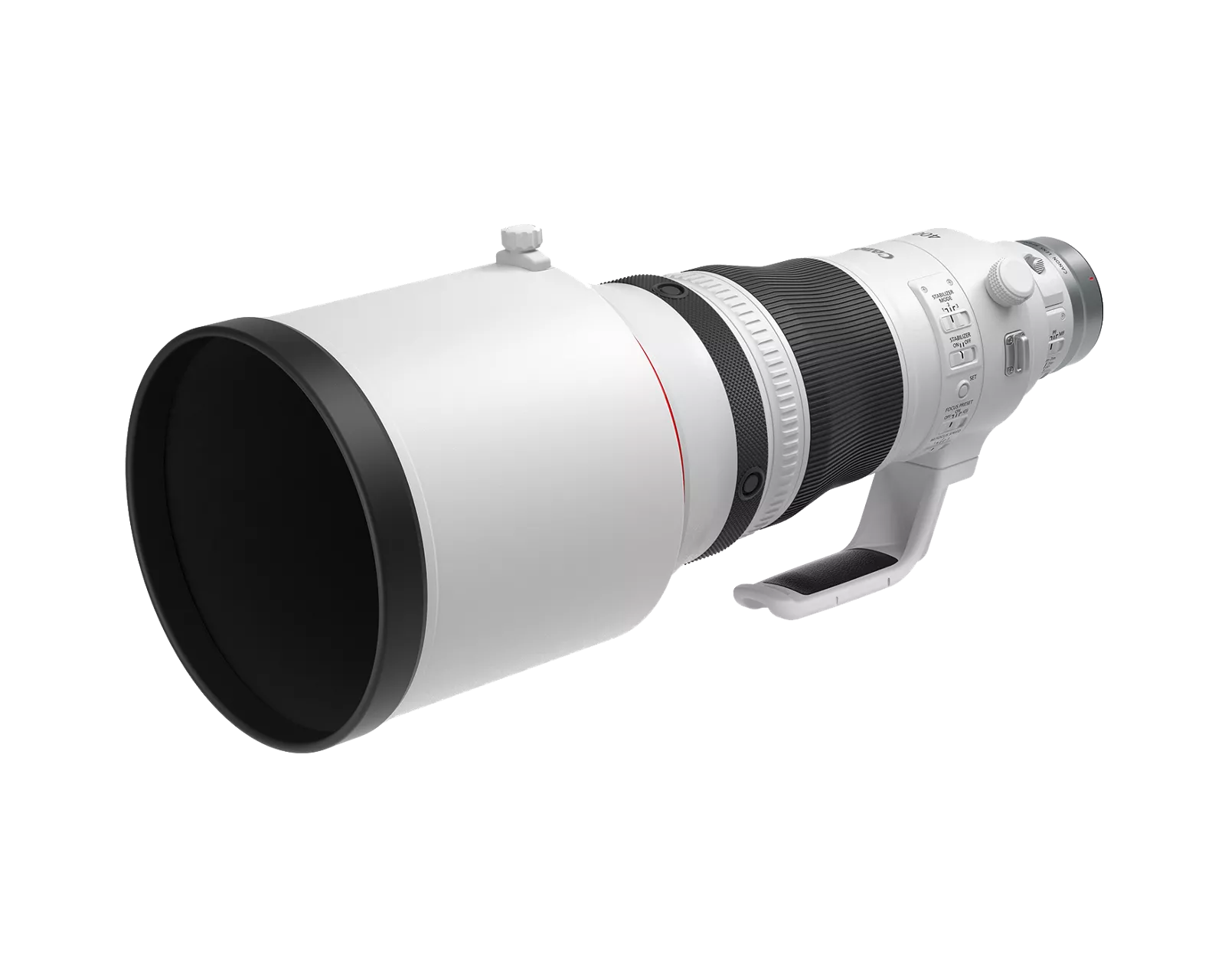 Canon 400mm lens, 3/4 view with a long hood attached