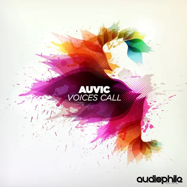 Auvic – Voices Call album cover. abstract watercolor rainbow leaf shapes on a white background