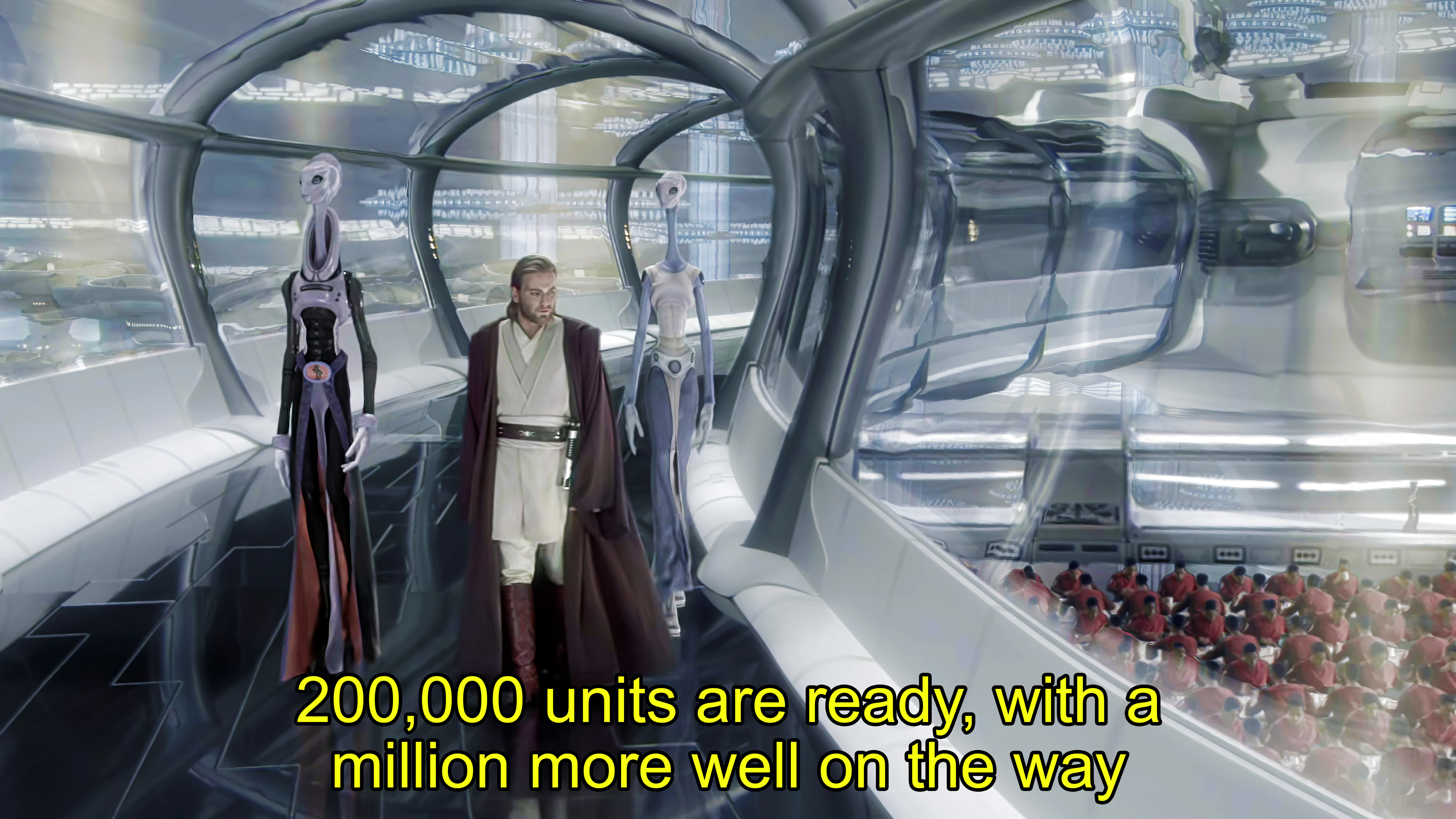 Obi-Wan Kenobi walking down a hallway with the Kaminoans, observing the clones below. They tell him "200,000 units are ready, with a million more well on the way."