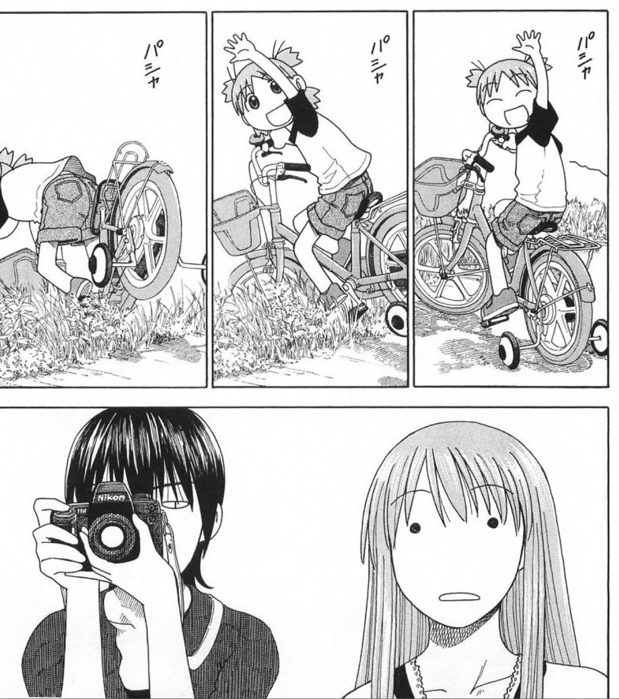 Yotsuba waves to the camera while riding her bike, and in 3 separate frames, is in the process of falling with her bike down a hill. Torako & Asagi look on in mild shock, failing to react in time