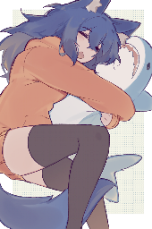 PolyWolf lounges in bed cuddling a blahaj shark plushie