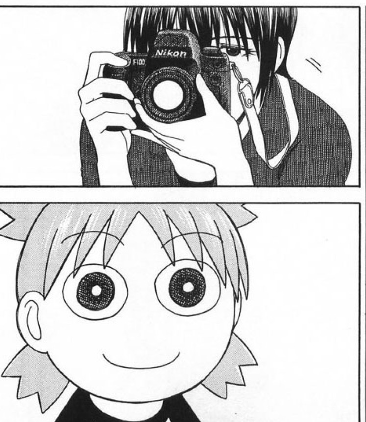 Torako holds up her camera to get a picture, and Yotsuba smiles with unnervingly large eyes