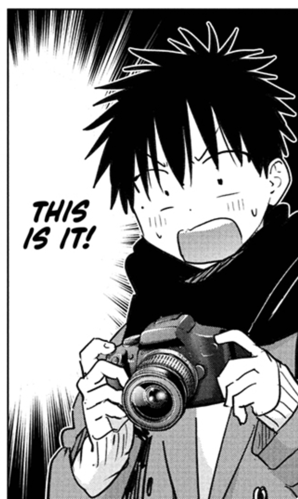 Tenichi internally exclaims, "This is it!" while gasping at the camera, because he's got a good shot