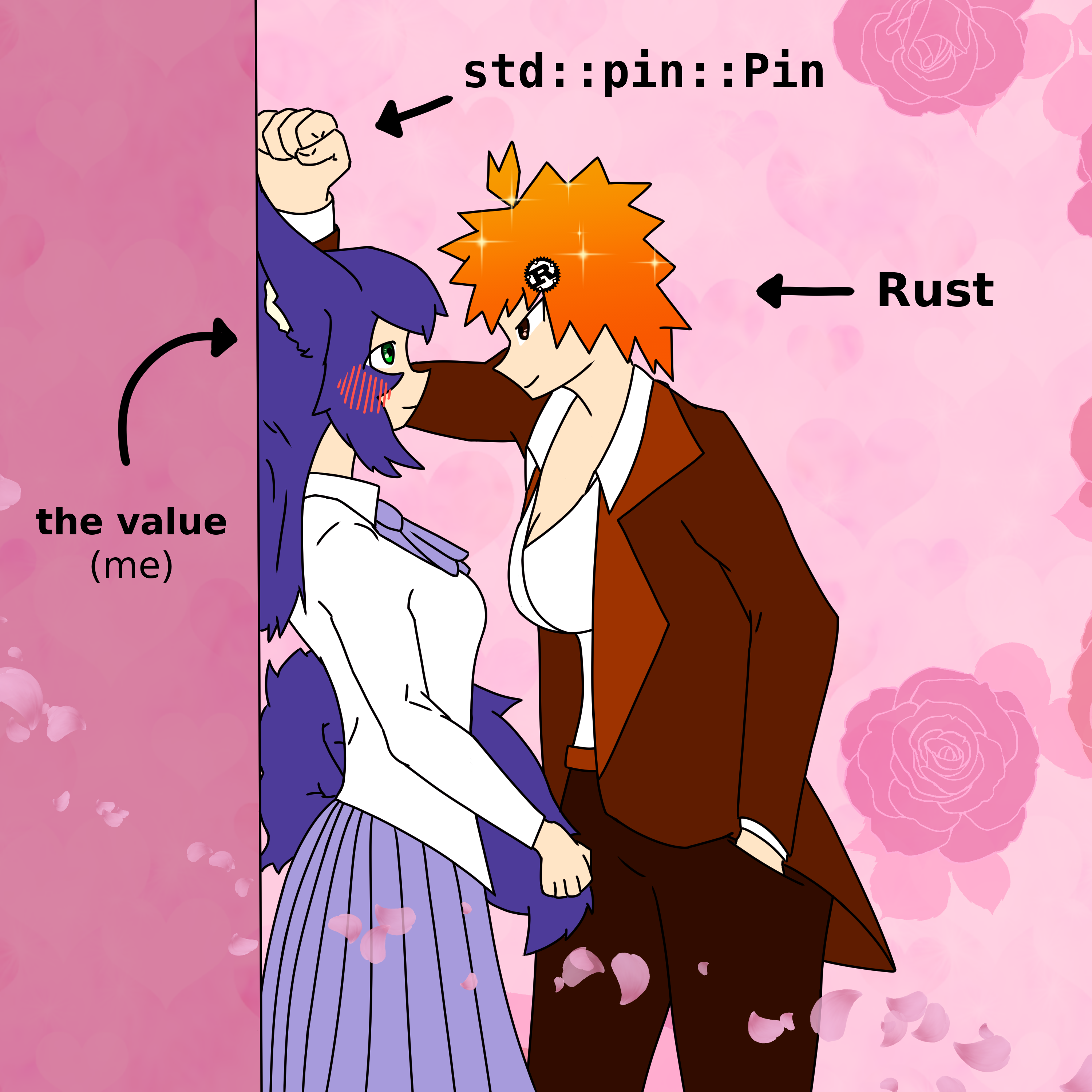 A busty butch lesbian in a brown overcoat, labeled "Rust", is pinning "the value (me)", dressed in a demure pleated skirt, to the wall with a "std::pin::Pin". I am blushing and holding my tail bashfully as we look into each others' eyes. Hearts, sparkles, and roses adorn the pink-tinted scene.