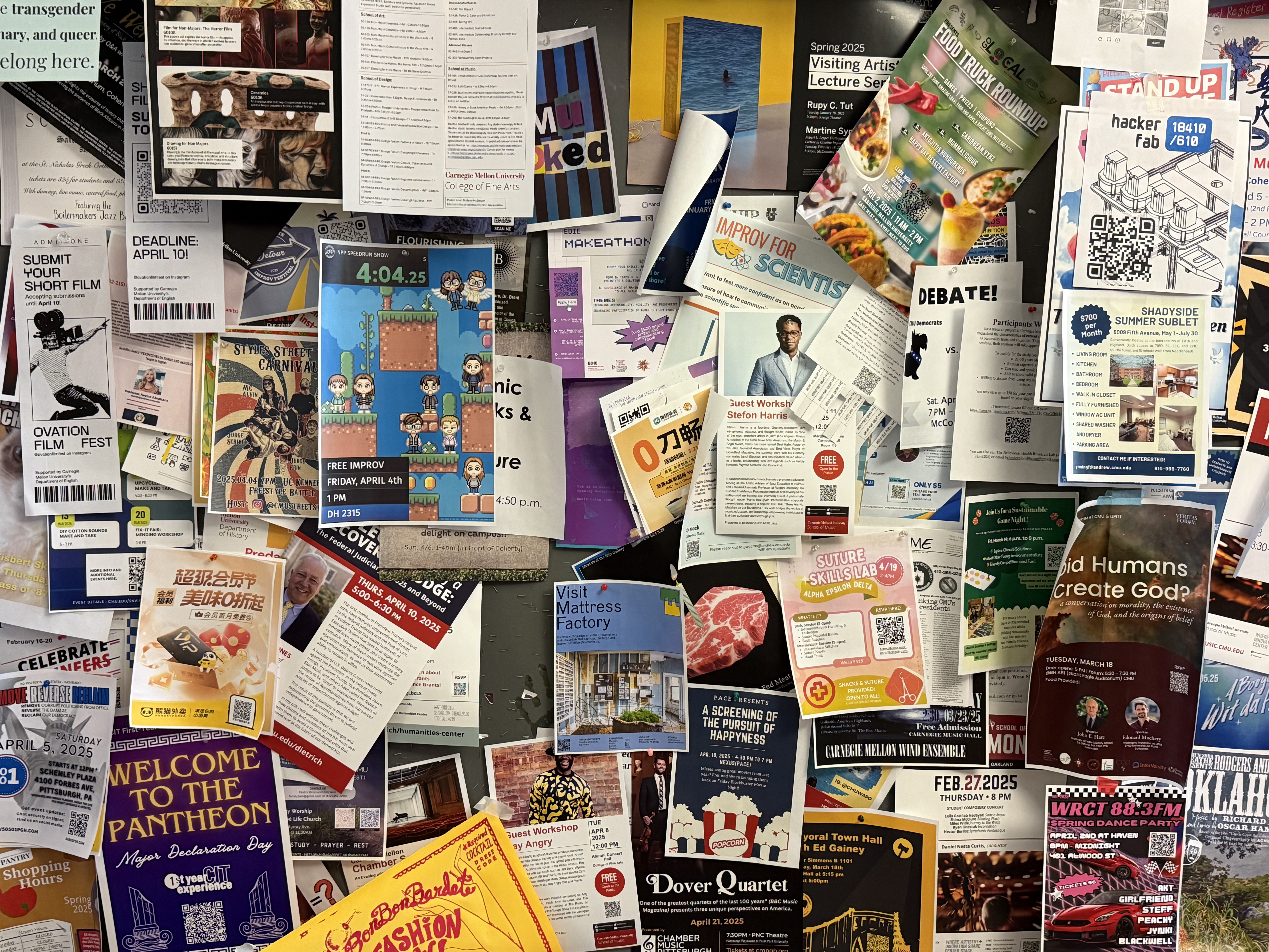 many flyers on a wall, some in chinese