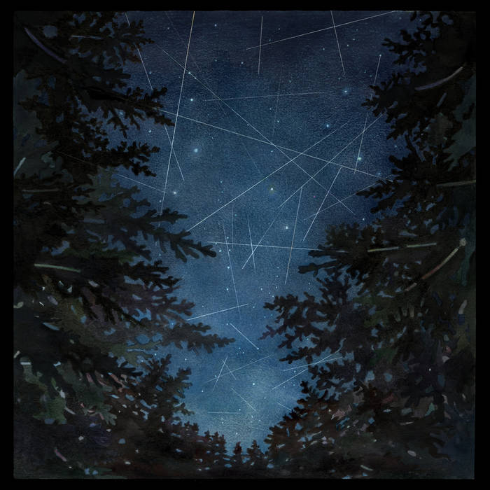 Adam Tell – Peripheries album cover. watercolor of starry sky thru an opening in the trees