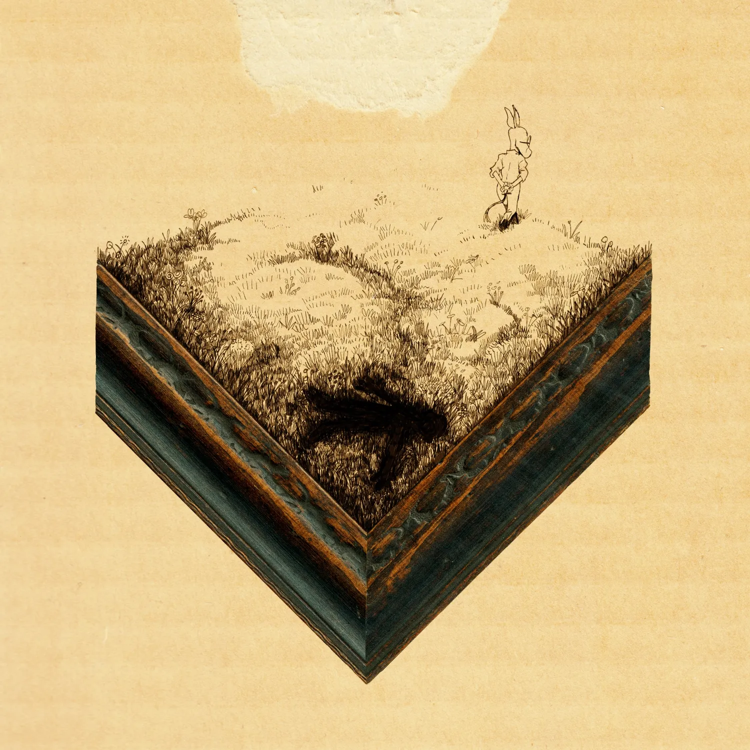 title An anthropomorphic animal walks away from a burned-out shadow in the grass, the chunk of land floating in the void