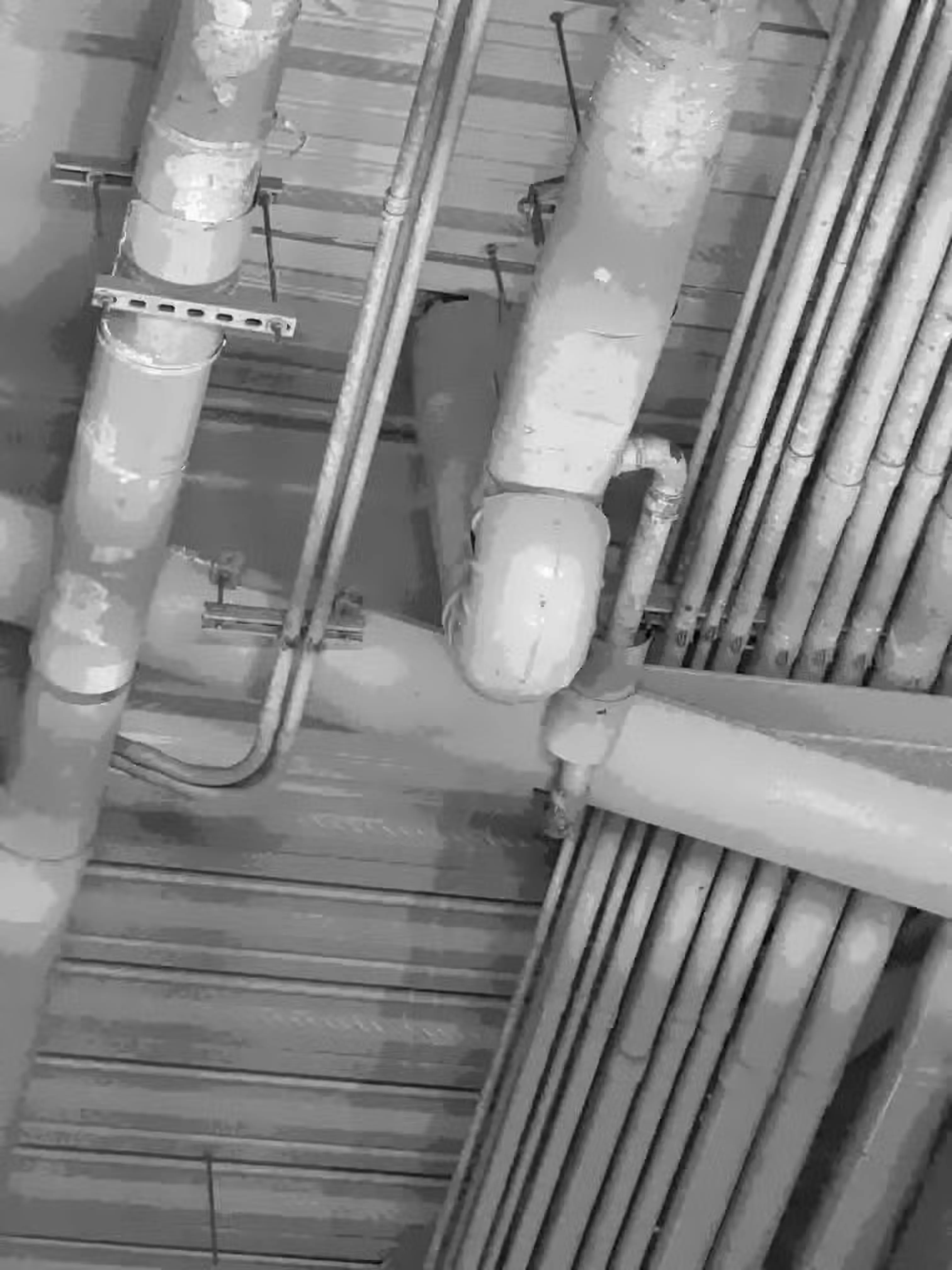 Various monochrome pipes of all different sizes line the ceiling in orderly patterns