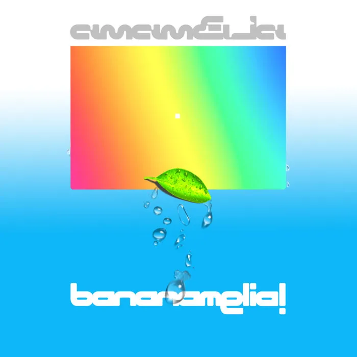 single dew-wet leaf in front of a boxy rainbow &#x26; sky gradient