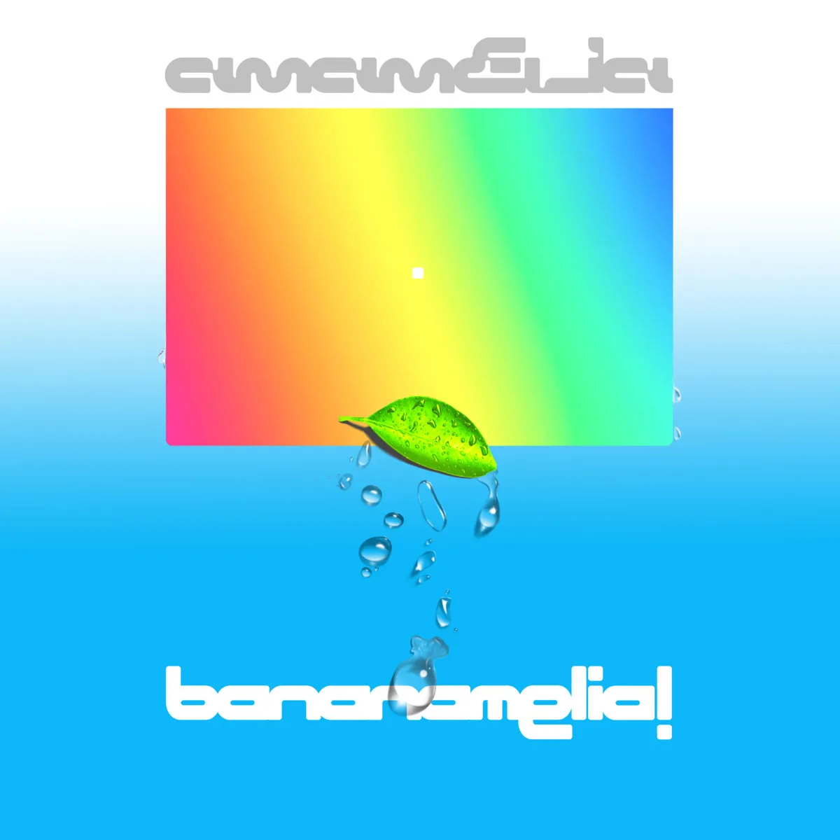 single dew-wet leaf in front of a boxy rainbow &#x26; sky gradient