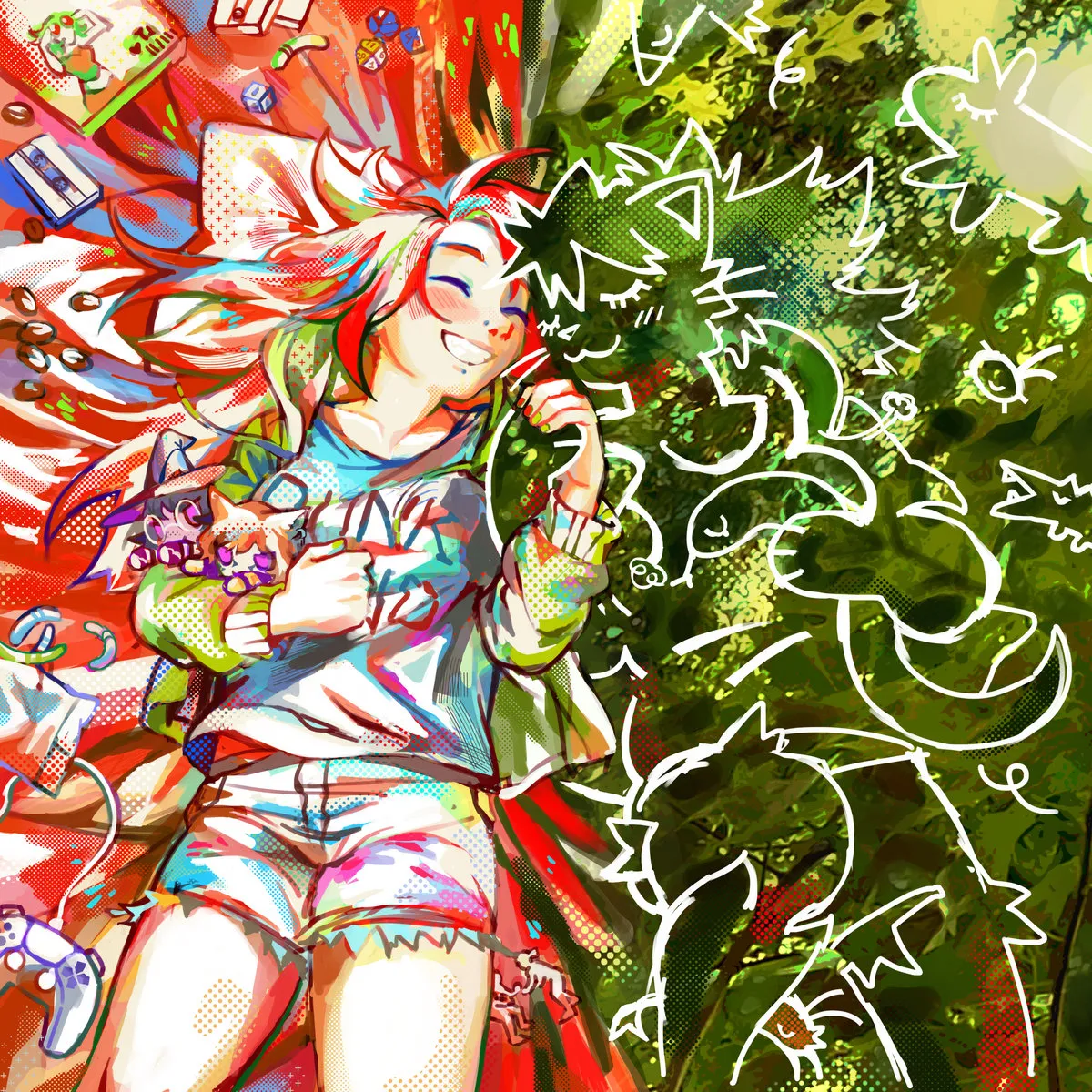 An illustration of Jaime lays smiling on a picnic blanket next to an outline of a humanoid cat, basking in the sun