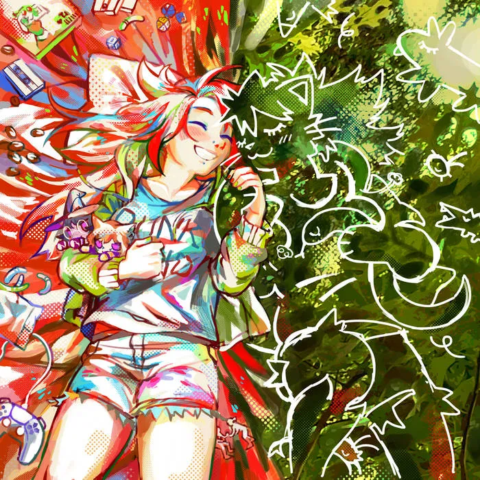 An illustration of Jaime lays smiling on a picnic blanket next to an outline of a humanoid cat, basking in the sun