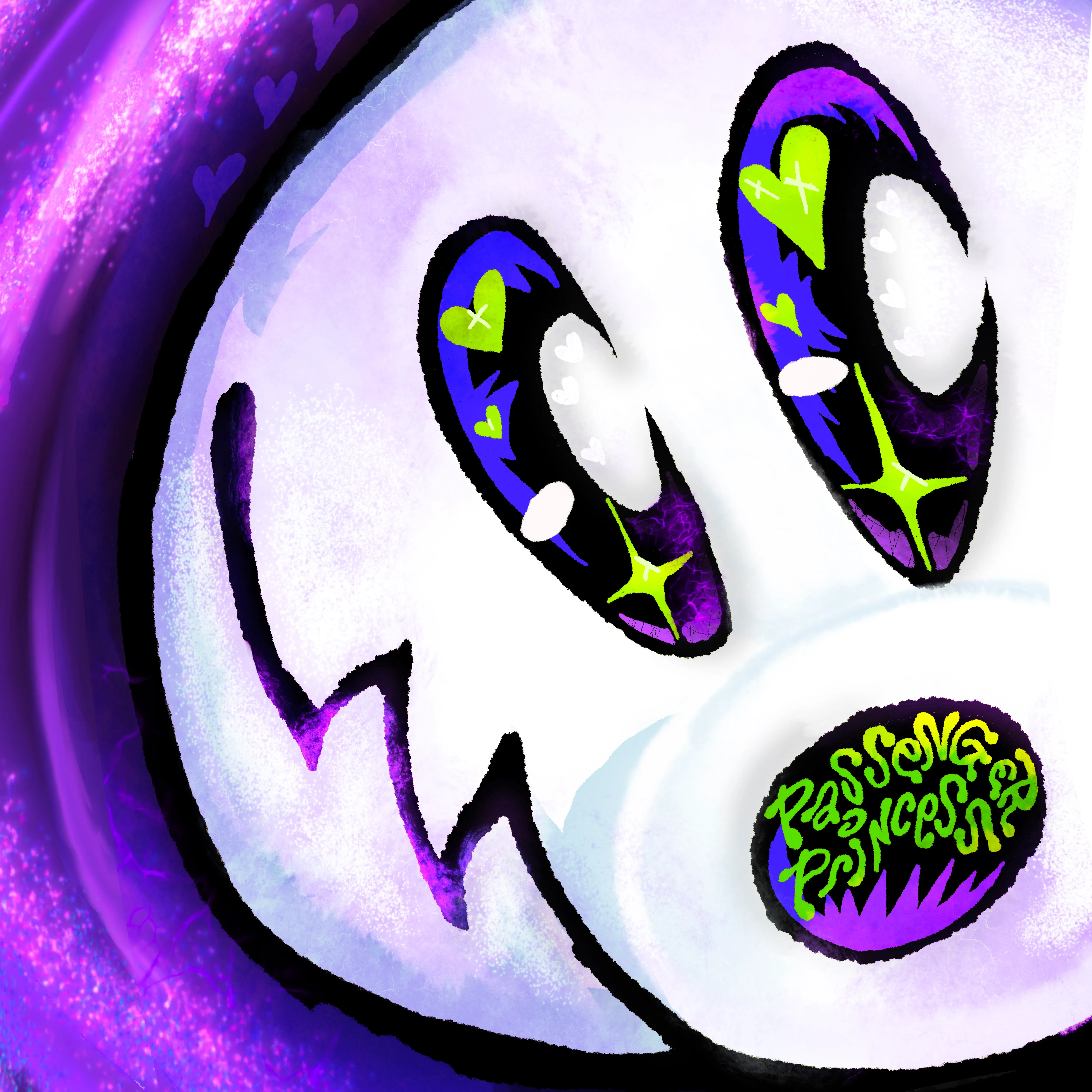 The mascot, Passenger Puppy, has the album title written in highlights on their nose & green sparkles in their eyes to go with the purple theme