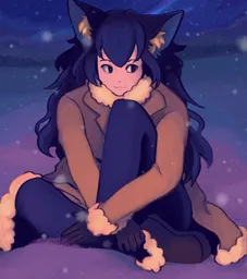 PolyWolf sits in the snow