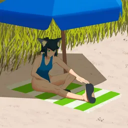 PolyWolf stretching on a beach towel