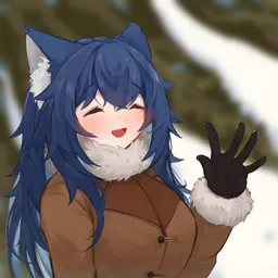 PolyWolf in a snowy forest waving hi