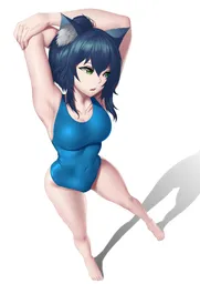 PolyWolf in a one-piece swimsuit stretching her tricep