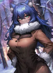 PolyWolf condifently posing in a scenic winter forest