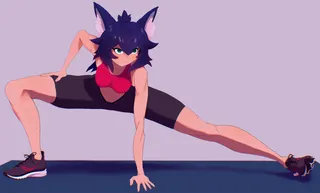 PolyWolf doing a side lunge, wearing a sports bra and spats