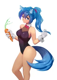 PolyWolf in a black bunnysuit holding a carrot