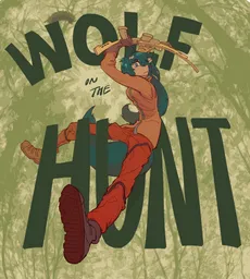 PolyWolf holding a sniper rifle above her head in the forest, surrounded by the text "WOLF ON THE HUNT"