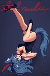 PolyWolf playfully lounging upside-down in a bunnysuit