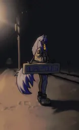 PolyWolf, dressed in techwear, stands alone on a snowy train platform under a single orange sodium lamp, holding a large case.