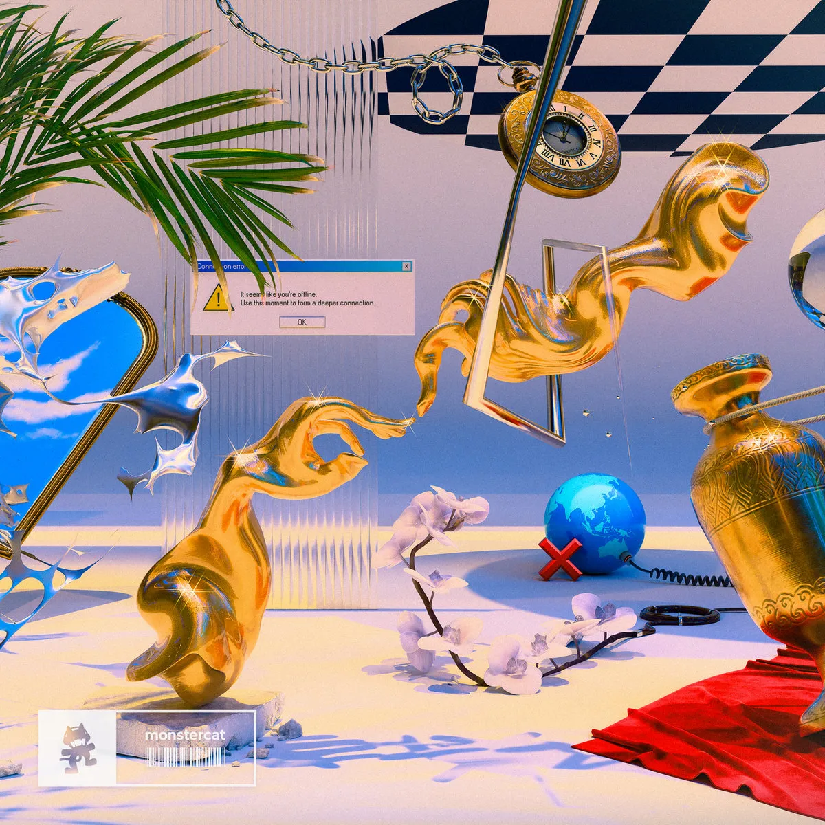 Vaporwave-style 3D render with flowing gold statues, a cherry blossom branch, a checkerboard ceiling, and a Windows 95 "error connecting to internet" dialog, among other things