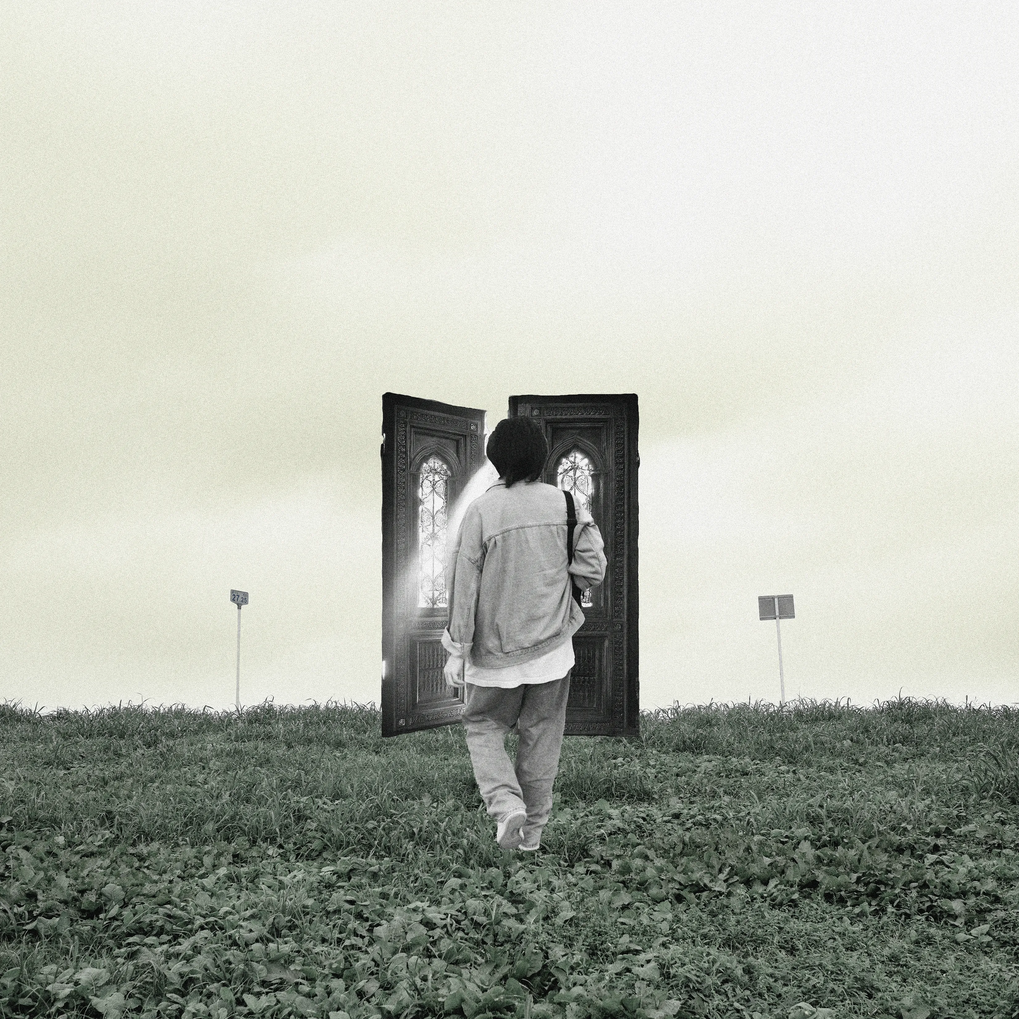 PSYQUI walks into an old wooden door floating in the middle of an overgrown basketball field