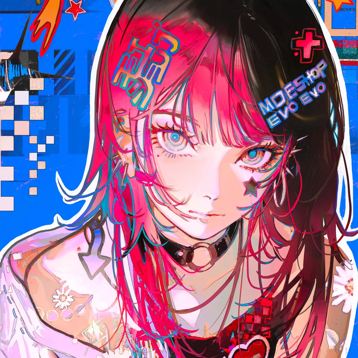An anime girl with piercing eyes, red hair, and tons of stickers on her including a "Moe Shop EVO EVO" one, is in front of an abstract blue background